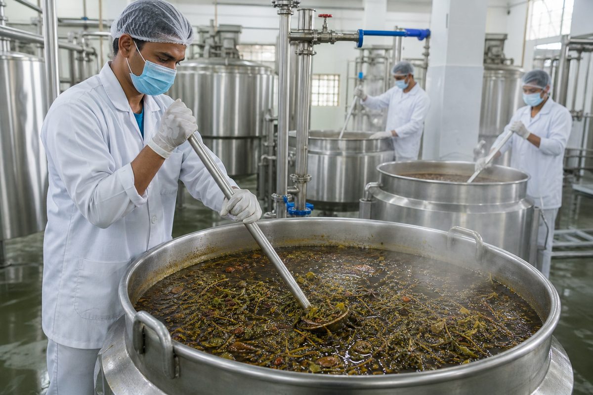 Operators cooking classical Ayurvedic Taila massage oil in stainless kettles at a hygienic Kerala Abhyanga manufacturing plant