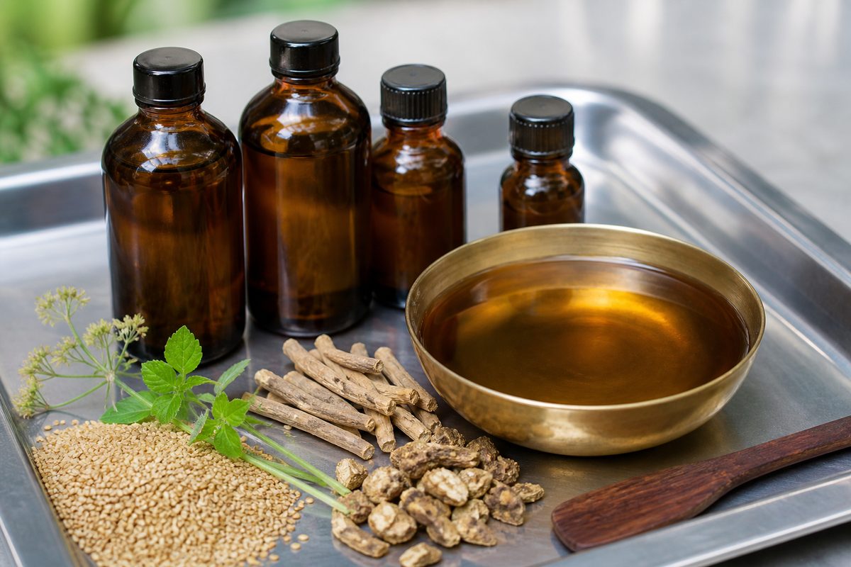 Amber glass bottles and brass bowl of golden Indian sesame Abhyanga massage oil with herbs on an export inspection tray