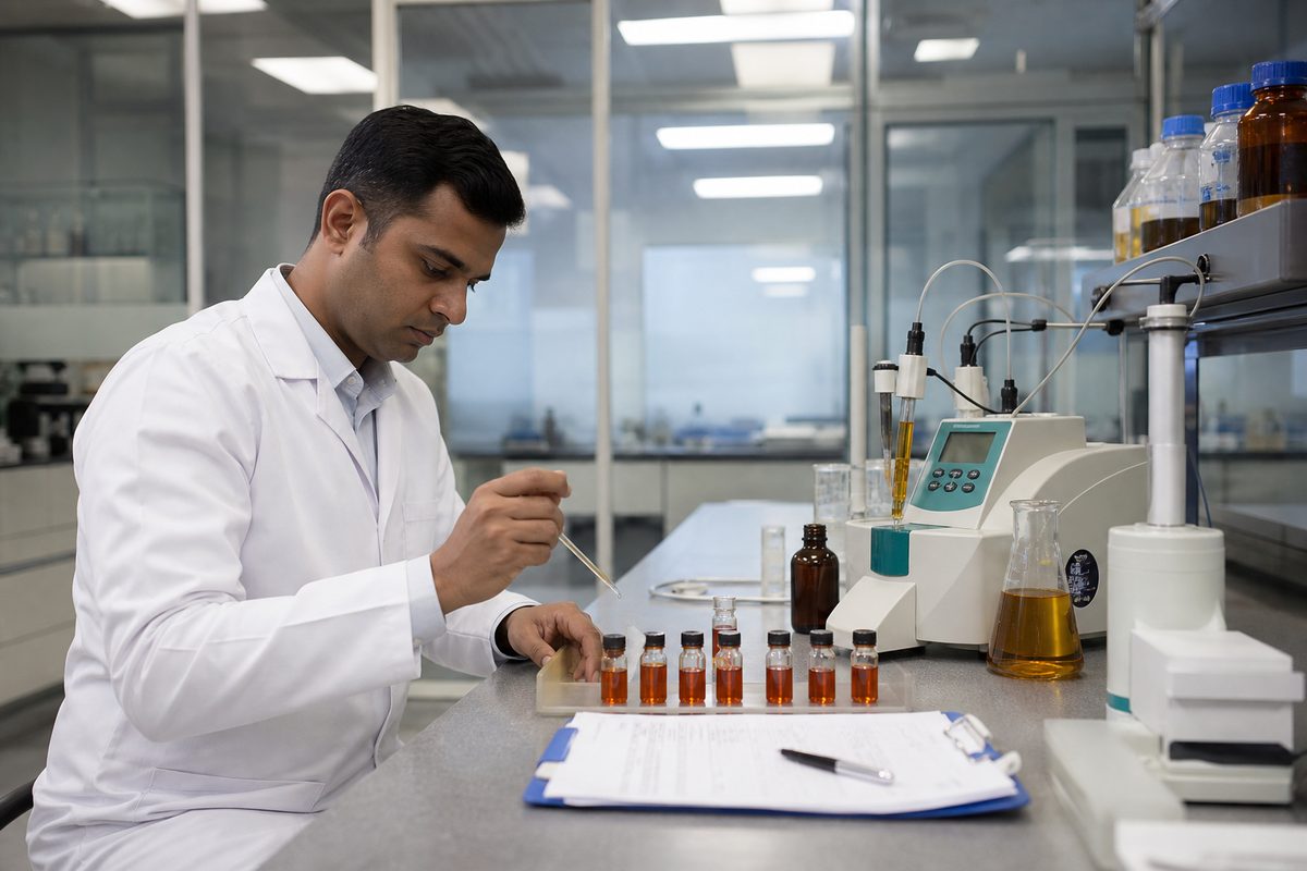 Laboratory analyst testing amber Ayurvedic massage oil samples for acid value, peroxide value, and microbial limits before export release