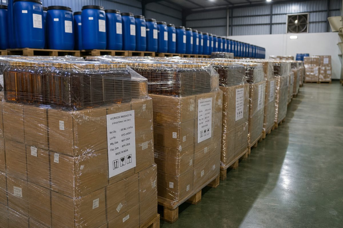 Palletized sealed Ayurvedic massage oil drums and amber bottle cartons staged in an organized Indian export warehouse