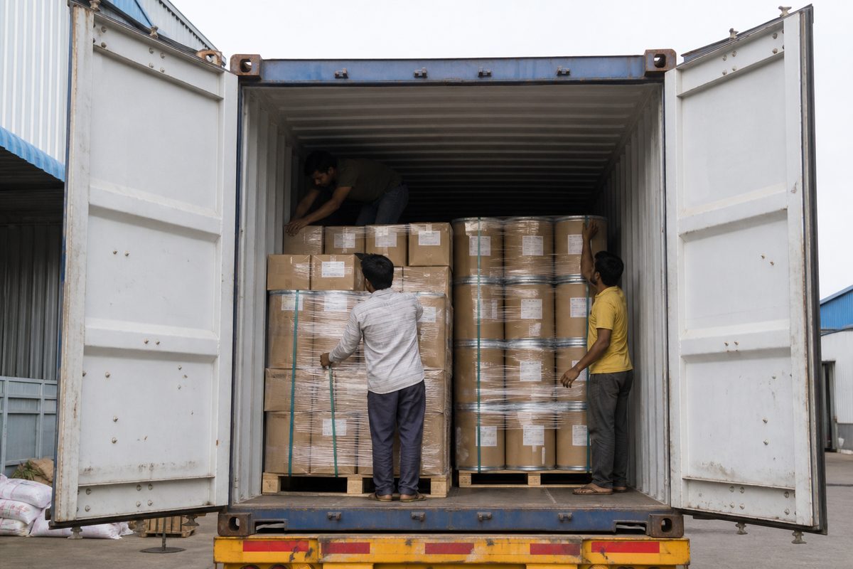 Workers stuffing palletized Indian Ayurvedic skincare powder bags, cartons and extract drums into a 20-foot export shipping container
