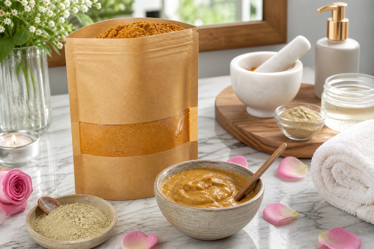 Spa vanity with open turmeric sandalwood ubtan face-pack pouch, ceramic bowl of herbal mask paste and Multani mitti blend