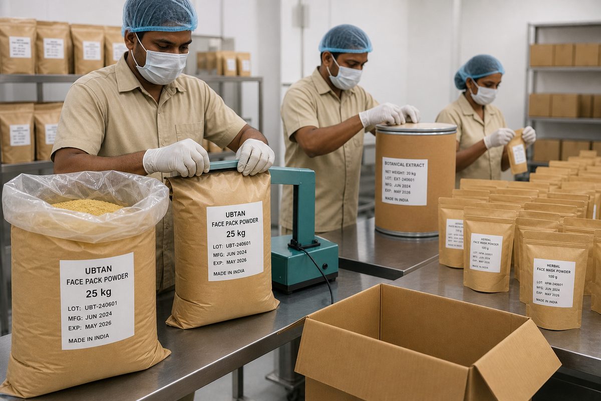 Workers packing Indian Ayurvedic ubtan face-pack powder into kraft bags, retail pouches and botanical extract fiber drums