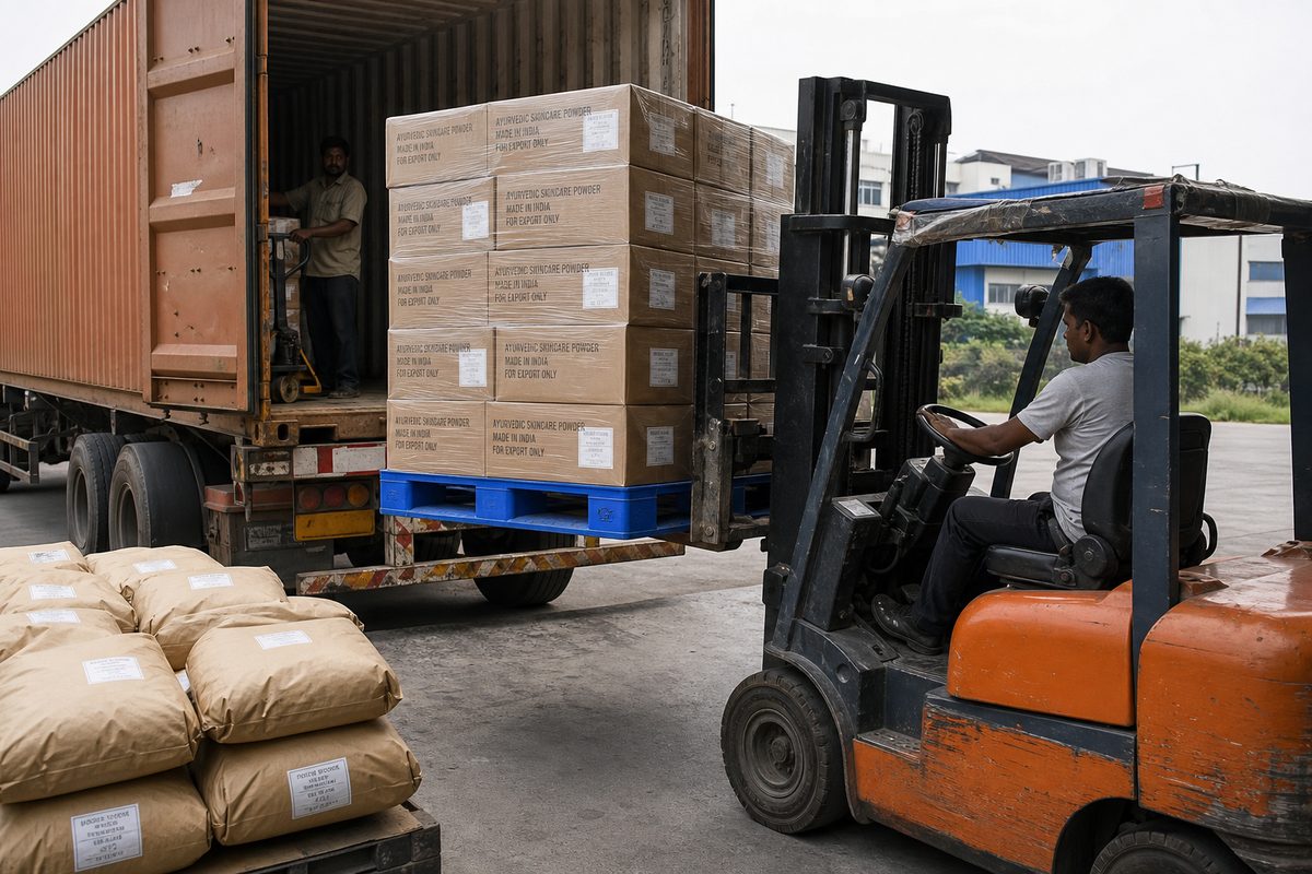 Forklift loading palletized Ayurvedic skincare powder cartons and bags onto a truck for Nhava Sheva or Mundra export haul