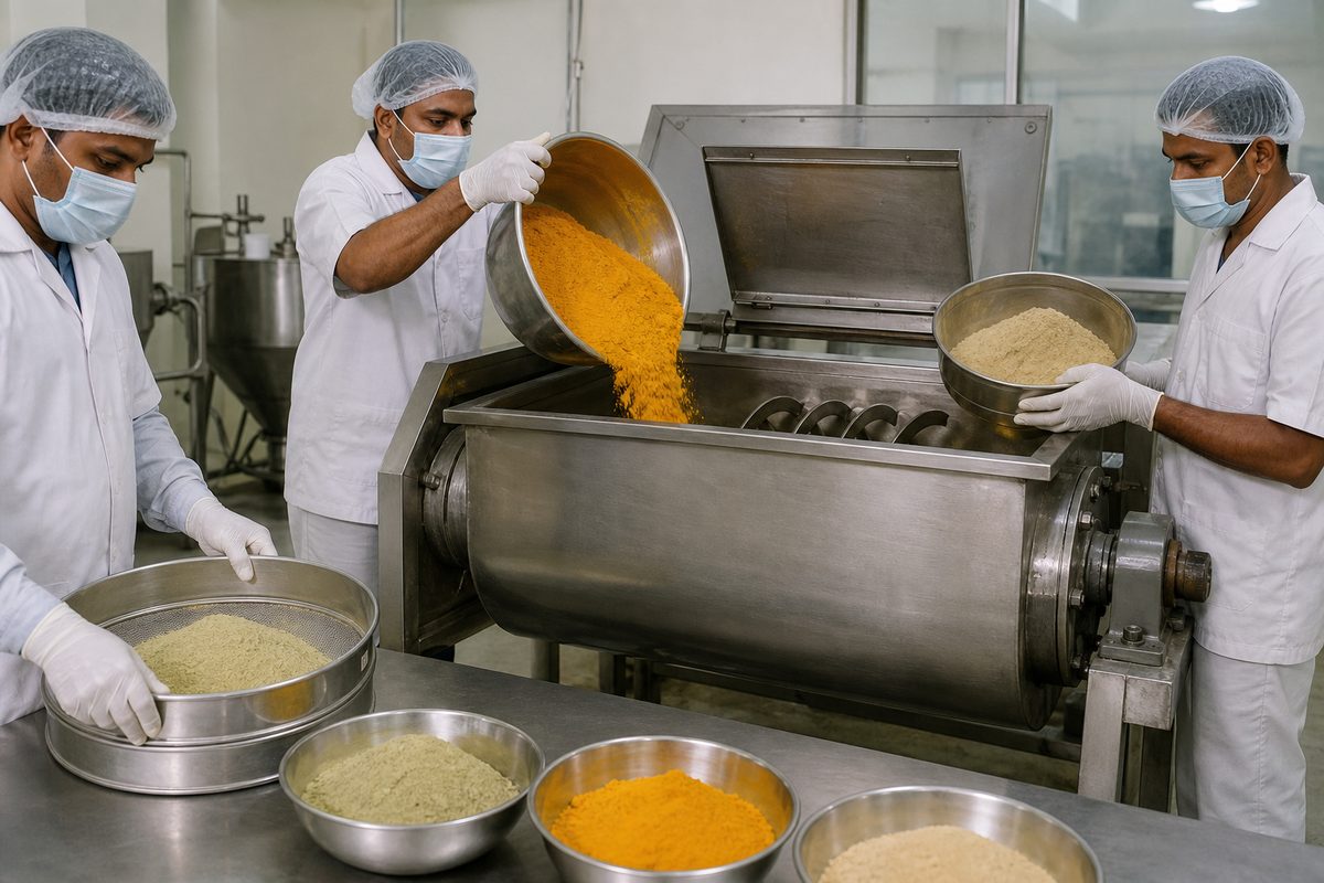 Operators charging Ayurvedic ubtan and face-pack powders into a stainless ribbon blender with mesh sieve in an Indian GMP blending room