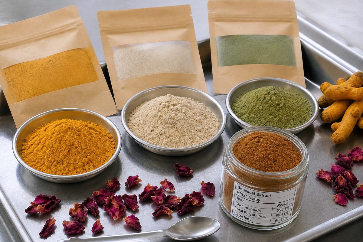 Turmeric sandalwood ubtan, Multani mitti face-pack blend, herbal powder and HPLC extract samples on an Indian export inspection tray