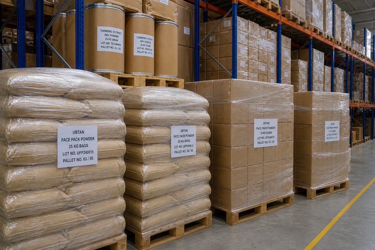 Stretch-wrapped pallets of Indian Ayurvedic skincare powder bags, extract drums and export cartons staged on dry warehouse racks