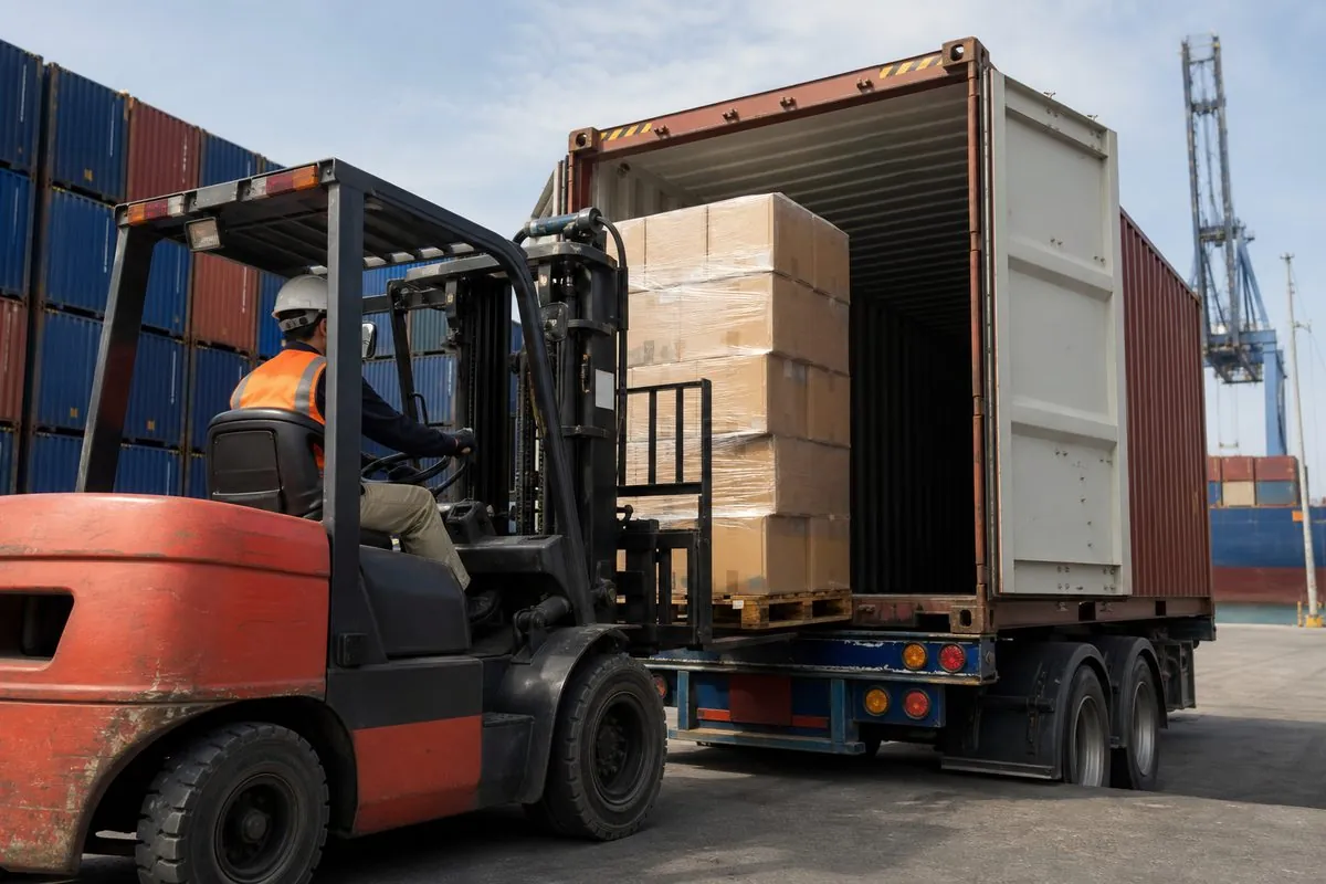 Forklift stuffing palletized cartons of Indian badminton rackets and shuttlecocks into a shipping container for FCL export