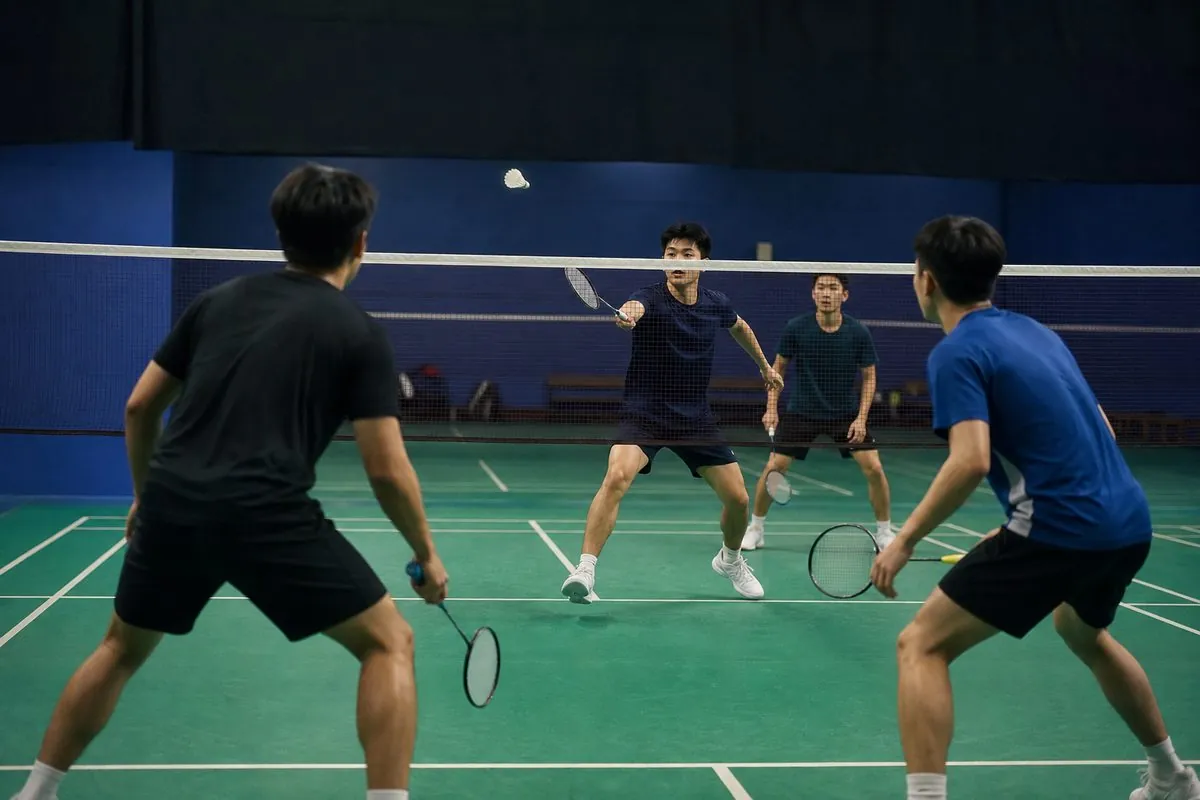 Badminton players rallying on an indoor court during club training and competitive match play