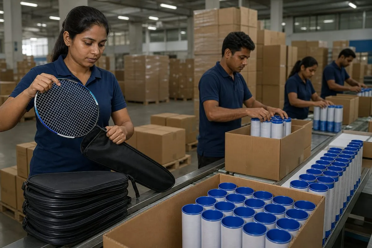 Workers packing badminton rackets in head covers and shuttlecocks in tubes of twelve inside corrugated master cartons