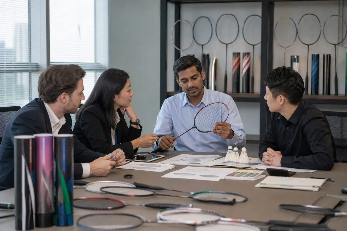 International buyers reviewing Indian badminton racket and shuttlecock samples with export specification sheets at a sourcing meeting