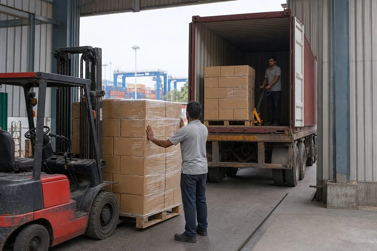 Workers loading palletized cartons of Indian badminton rackets and shuttlecocks onto a truck at an export warehouse dock