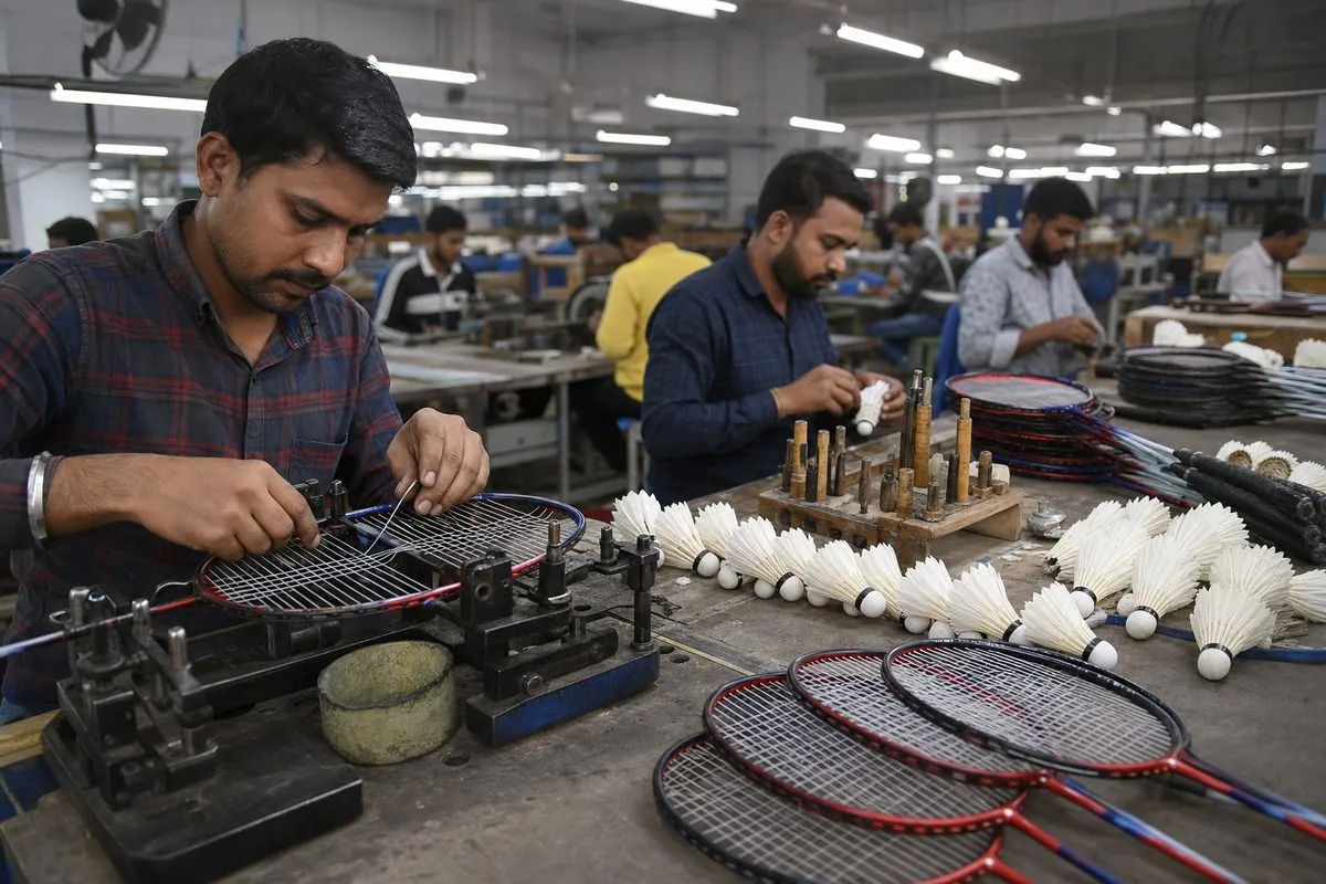 Workers stringing badminton rackets and assembling feather shuttlecocks on a factory floor in Jalandhar, Punjab