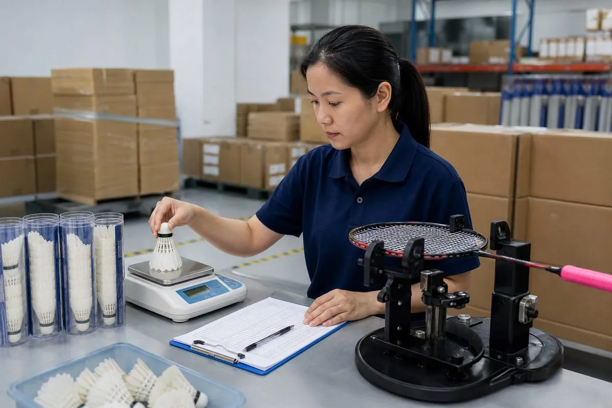 QC inspector weighing feather shuttlecocks on a precision scale and checking badminton racket balance point on export samples