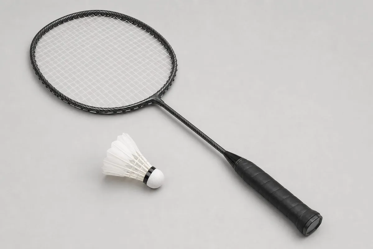 Close-up of a carbon badminton racket and feather shuttlecock showing string pattern, frame stiffness, and cork base