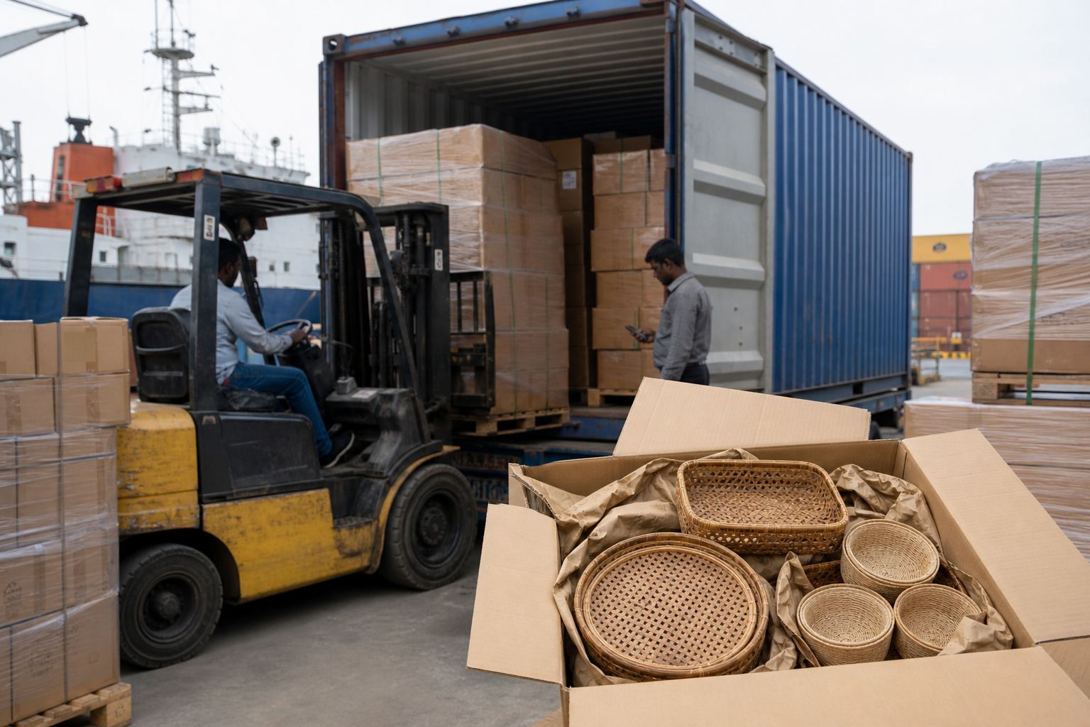 Forklift stuffing palletized cartons of woven bamboo baskets into a shipping container for FCL export