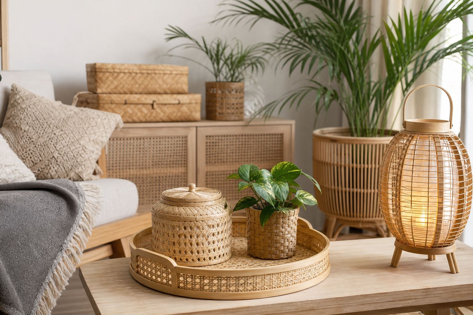 Indian bamboo baskets, cane trays, planters, and woven décor styled in a bright modern home interior