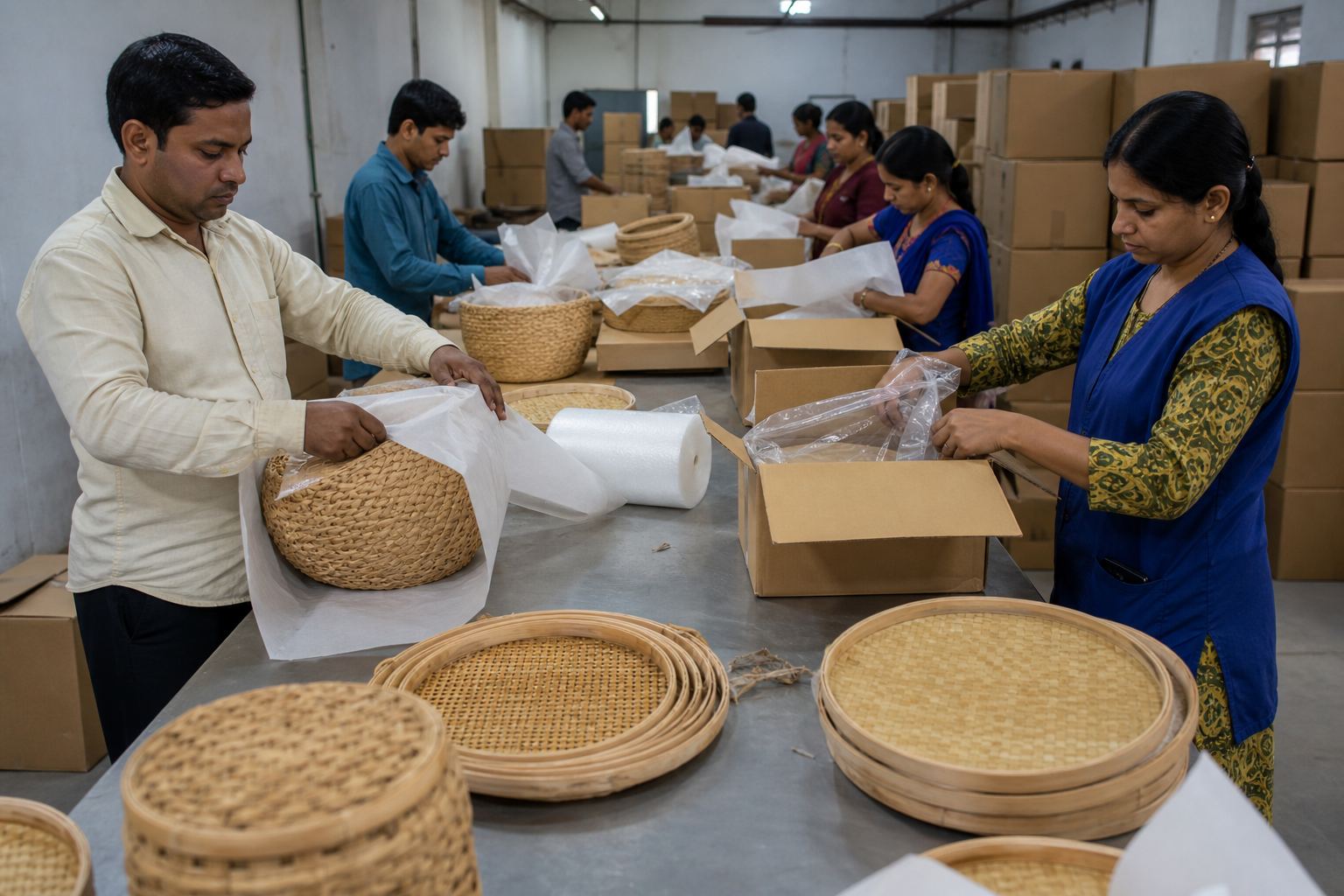 Workers packing woven bamboo baskets into export cartons with kraft wrap and foam protectors