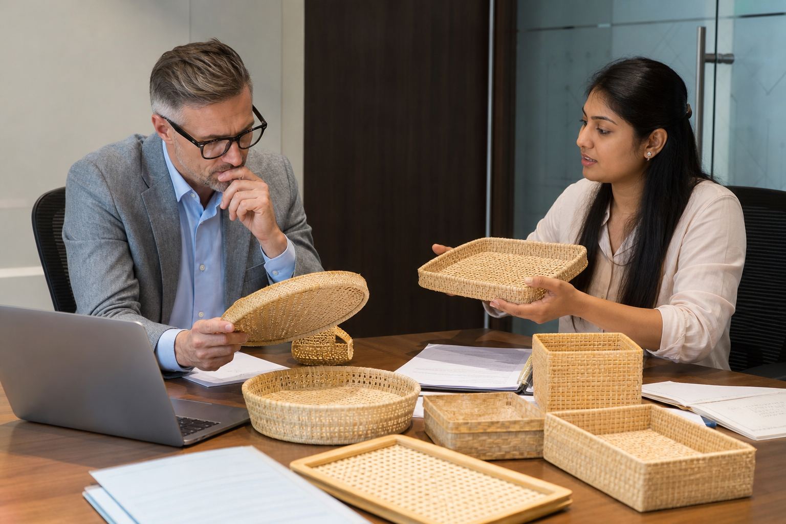 International buyer reviewing Indian bamboo basket and cane tray samples with export documents at a sourcing meeting
