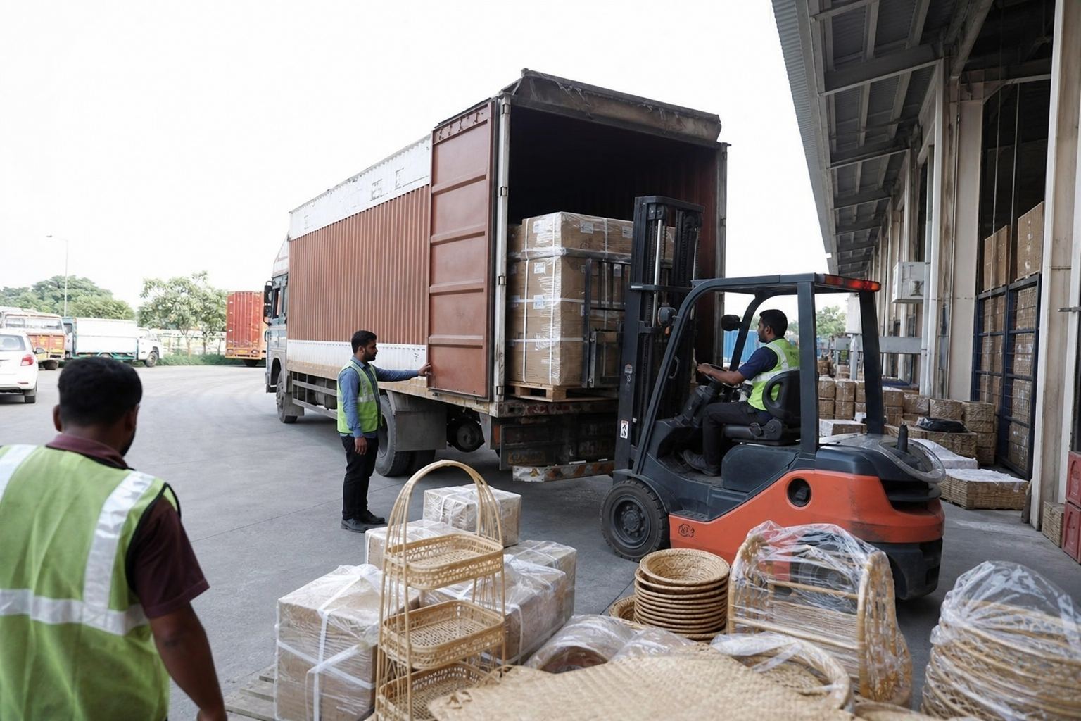 Forklift loading palletized cartons of Indian bamboo and cane handicrafts onto an export freight truck