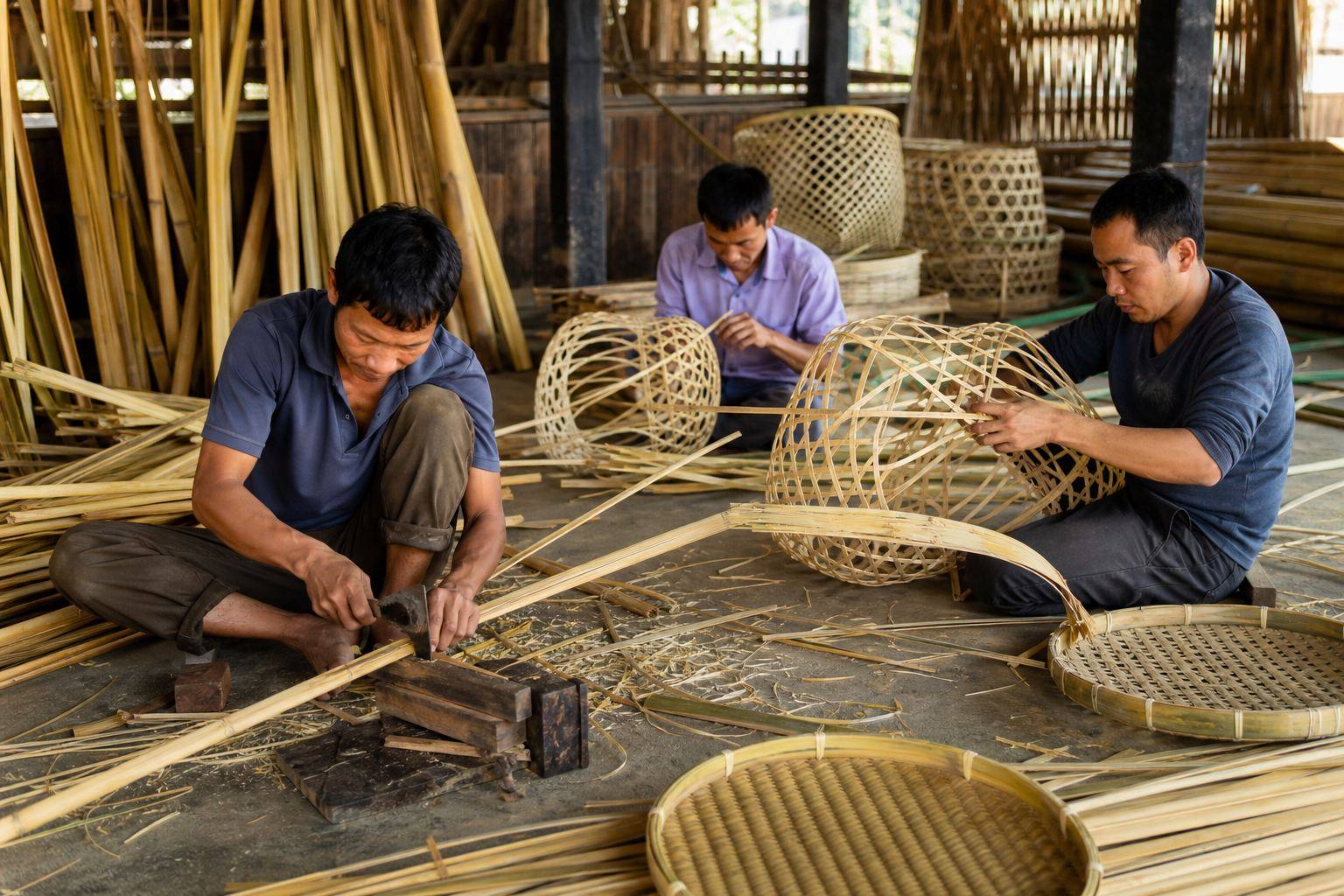 Artisans in an Assam bamboo workshop splitting bamboo culms and weaving export baskets by hand