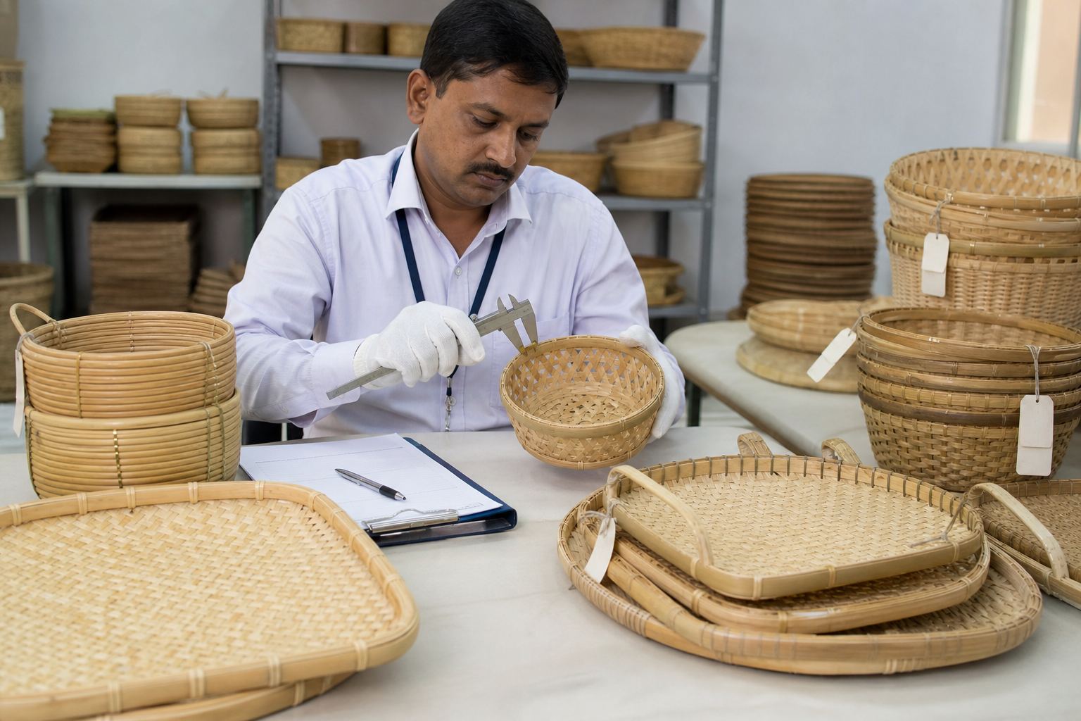 Quality inspector measuring weave tightness and rim diameter on Indian bamboo baskets before export release