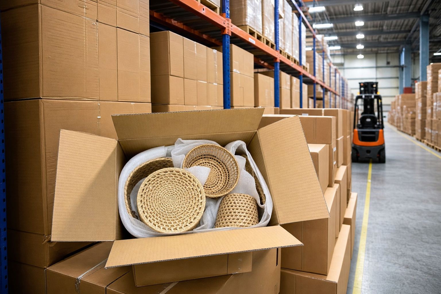 Palletized cartons of Indian bamboo and cane handicrafts in a dry export warehouse with open basket samples