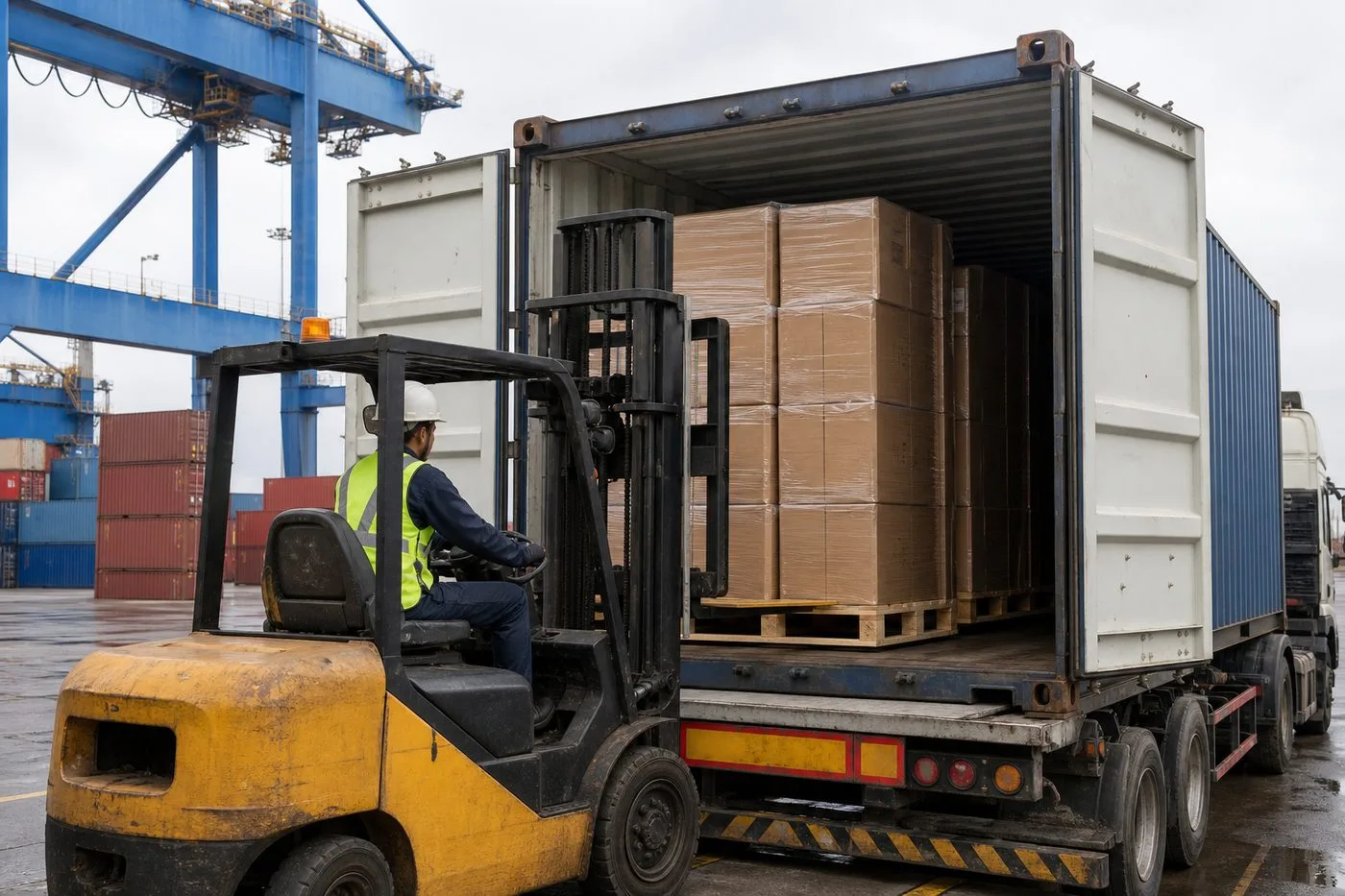 Forklift stuffing palletized cartons of Indian basketballs into a shipping container for FCL export