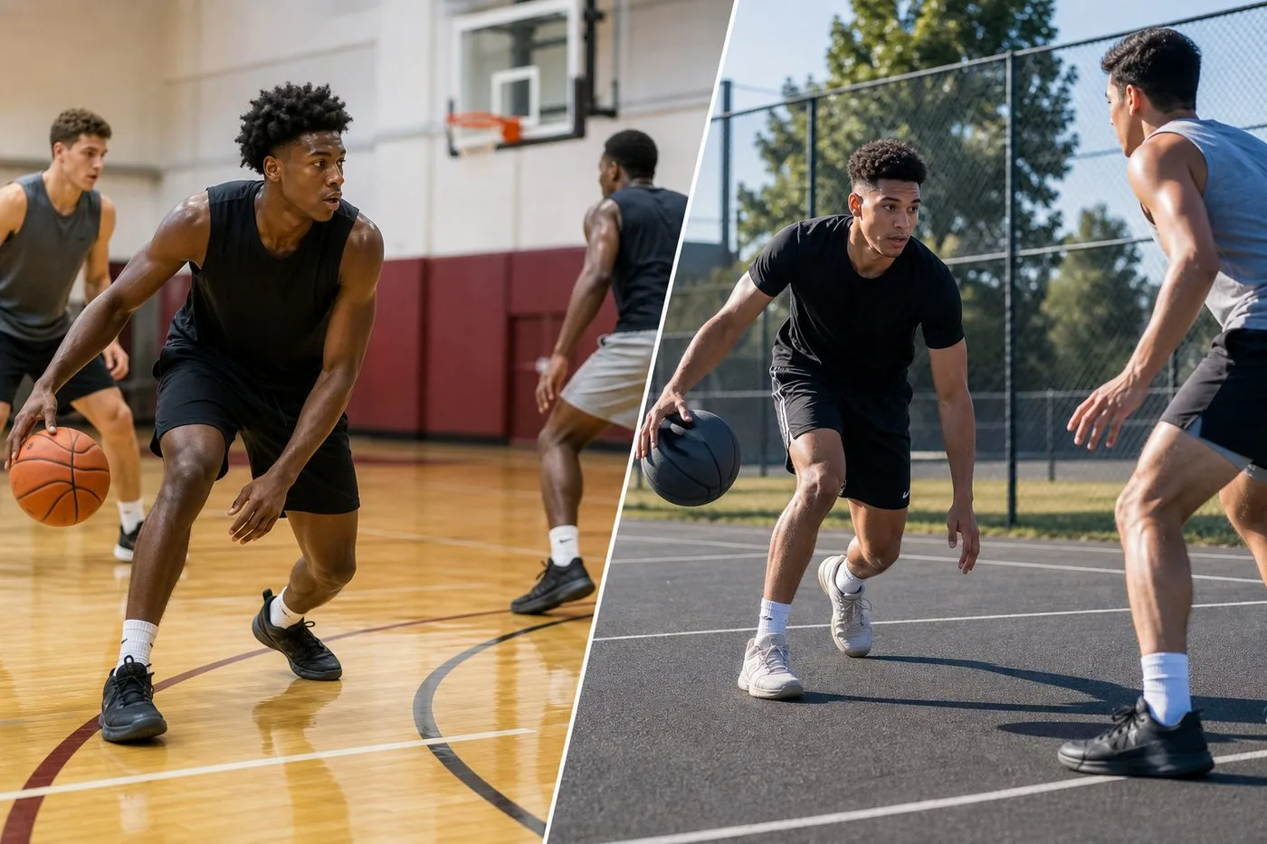 Basketball players training on indoor hardwood and outdoor asphalt courts showing training and match end-use applications