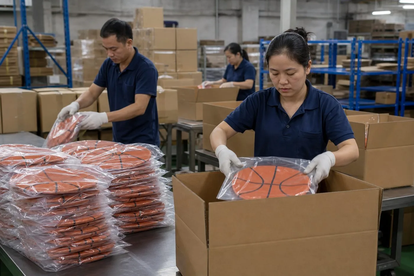 Workers packing deflated Indian basketballs into poly bags and corrugated master cartons for export