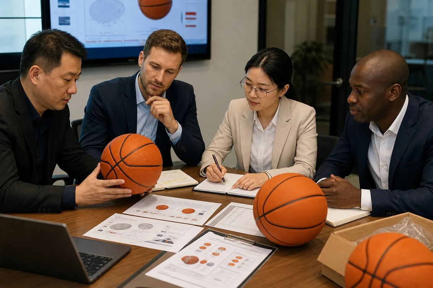 International buyers reviewing Indian basketball samples and export specification sheets with a sourcing partner