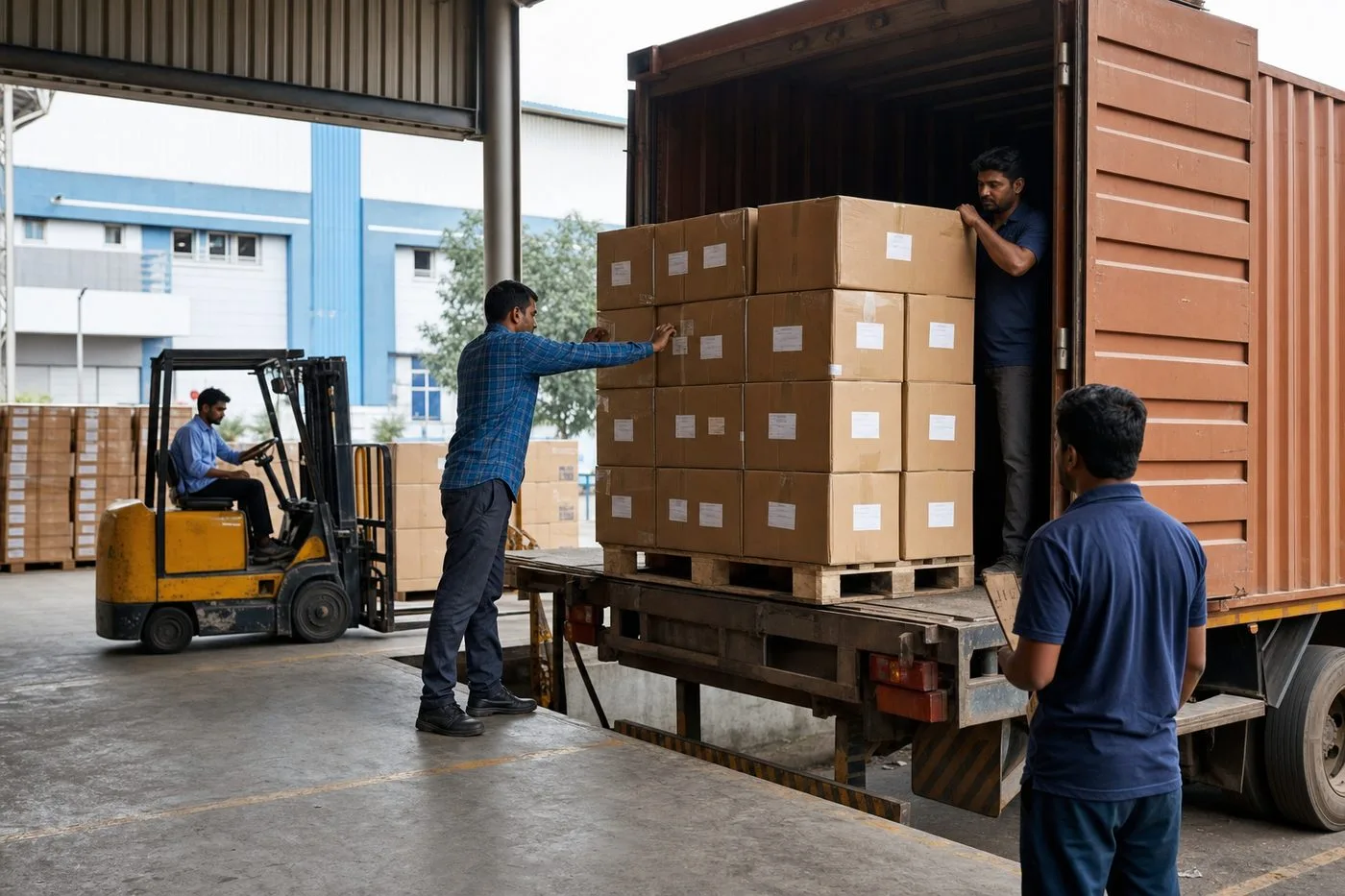Workers loading palletized cartons of Indian basketballs onto a truck at an export warehouse dock