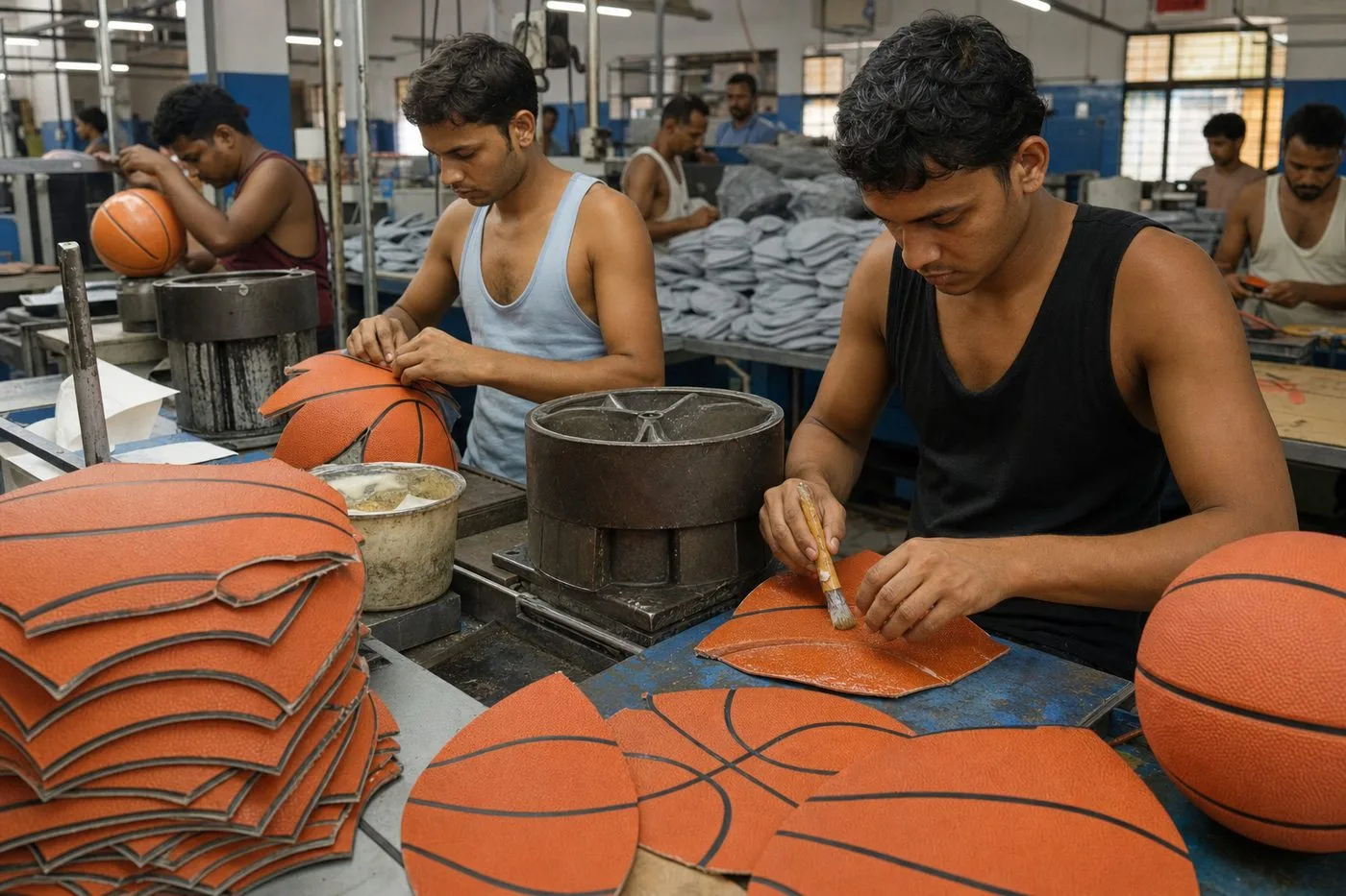 Workers assembling and gluing basketball panels on workbenches in a Jalandhar sports goods factory