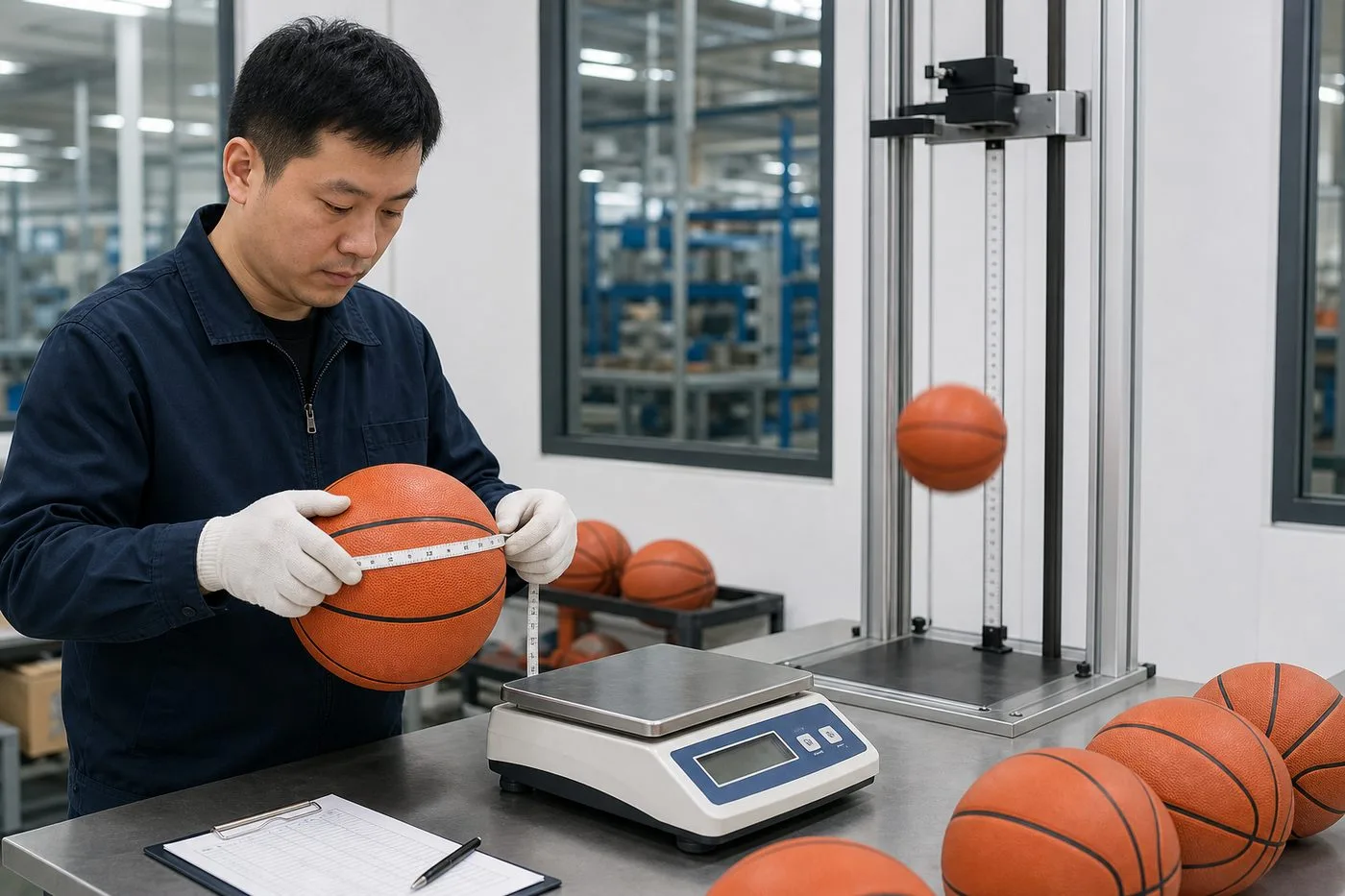 Quality inspector measuring basketball circumference, weight, and rebound height on export QC samples