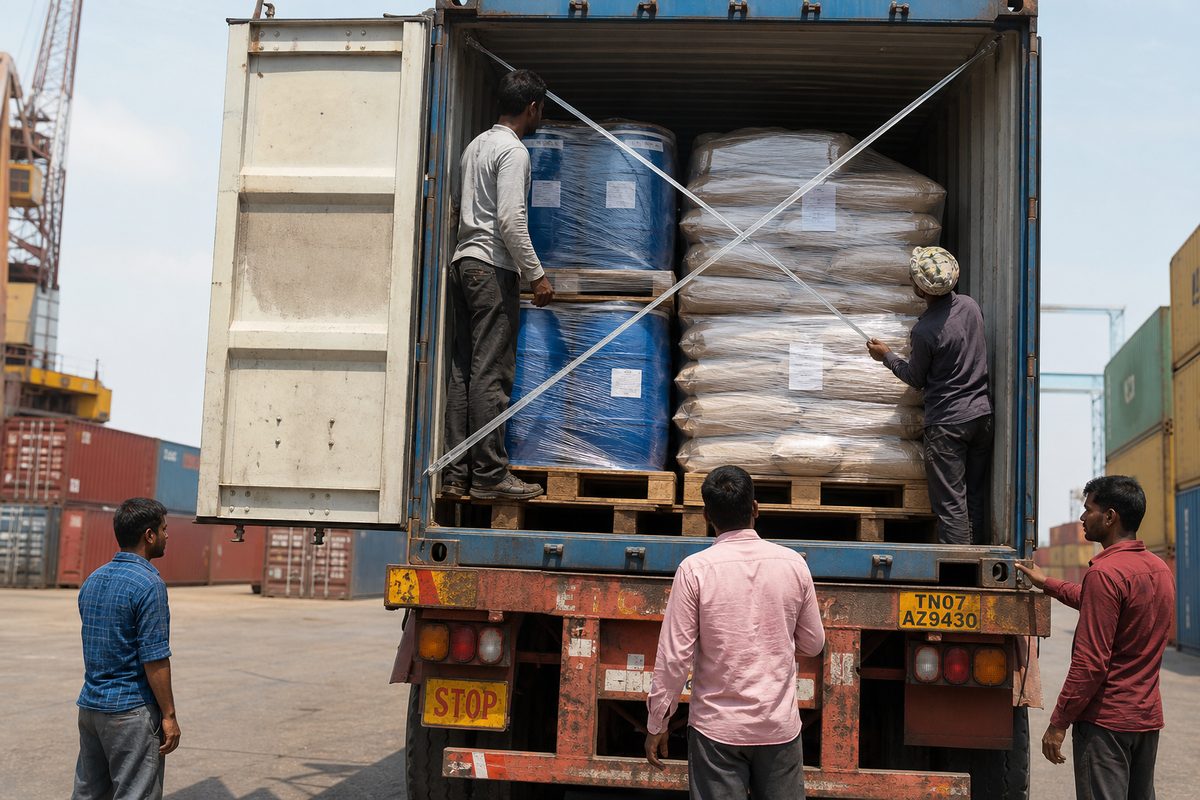 Moisture-protected stuffing of India boswellia powder pallets into a 20-foot export shipping container