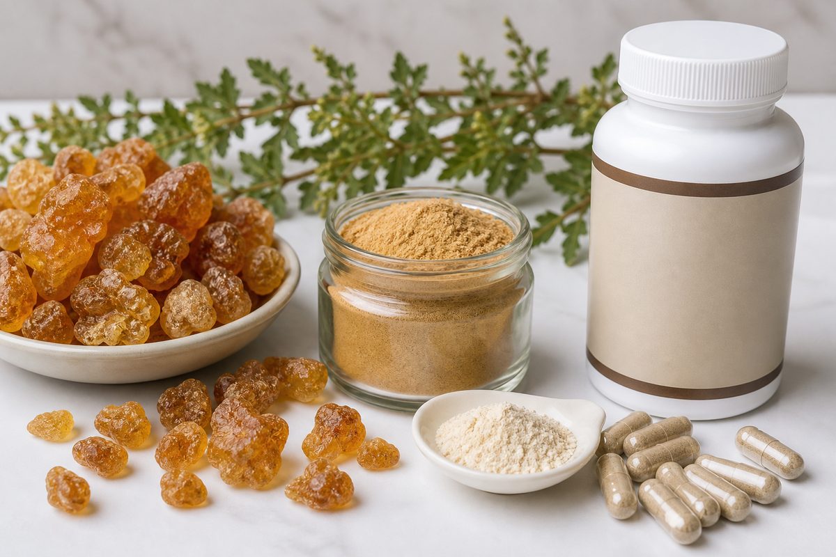 Boswellia resin tears, shallaki powder jar, capsules, and extract powder for joint-health private-label applications