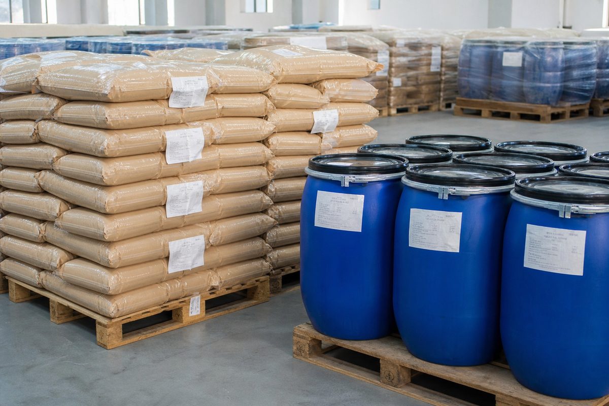 25 kg food-grade boswellia powder bags and a sealed HDPE extract drum staged on an export pallet