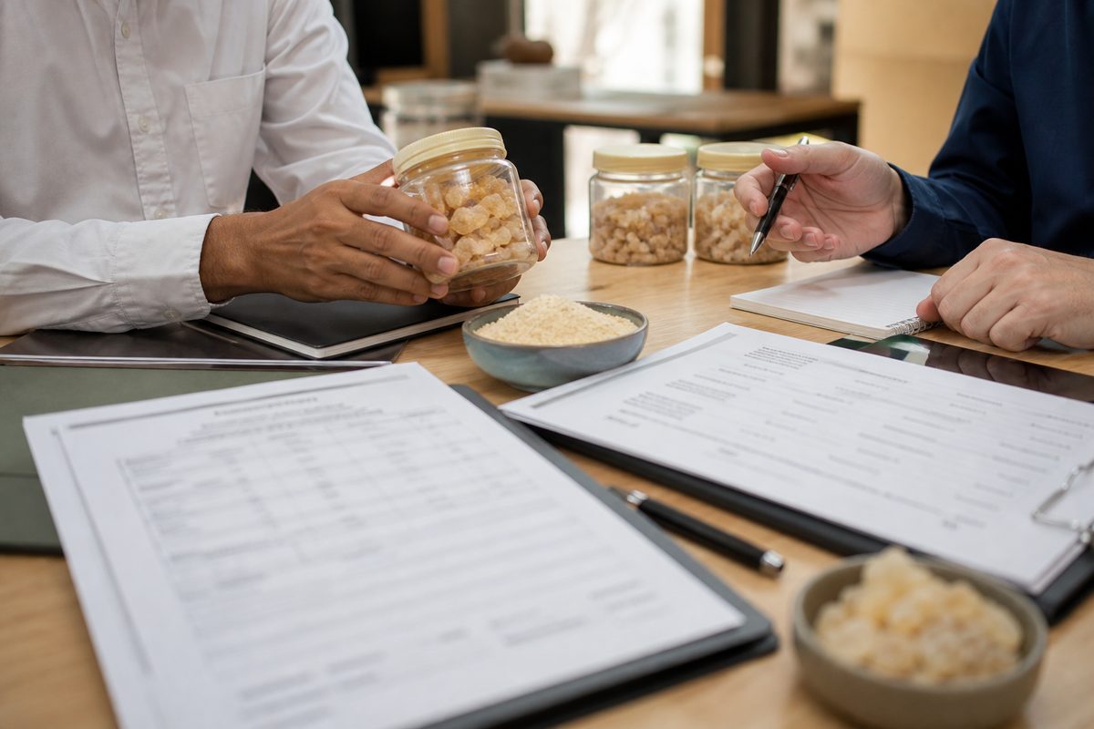 International buyer reviewing Indian boswellia resin and extract samples, COA, and FOB terms with a merchant exporter