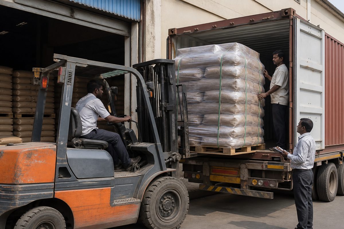 Forklift loading palletized India boswellia powder bags onto a truck for Mundra or Nhava Sheva port haul