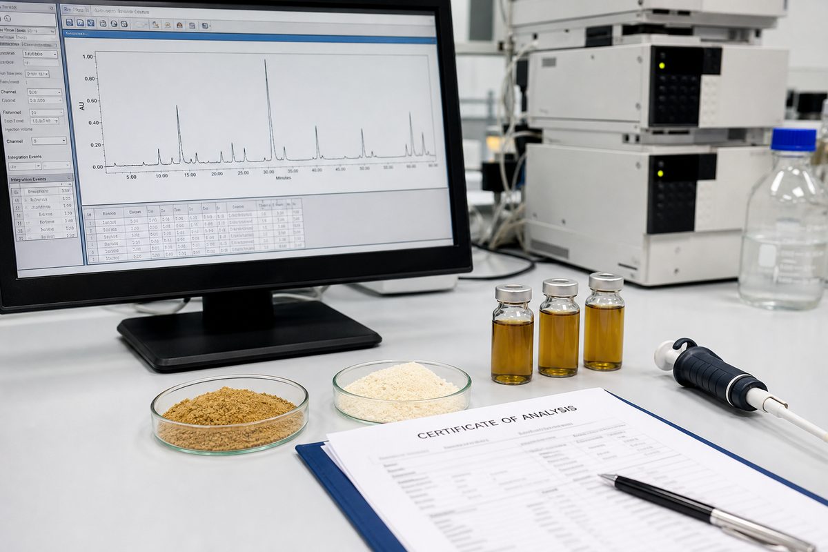 HPLC chromatogram and Certificate of Analysis review for India boswellia boswellic acid, moisture, and micro release