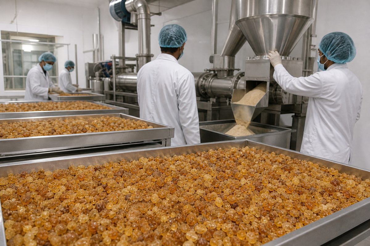 Boswellia resin drying trays and milling line in a Neemuch–Madhya Pradesh–Rajasthan export processing plant