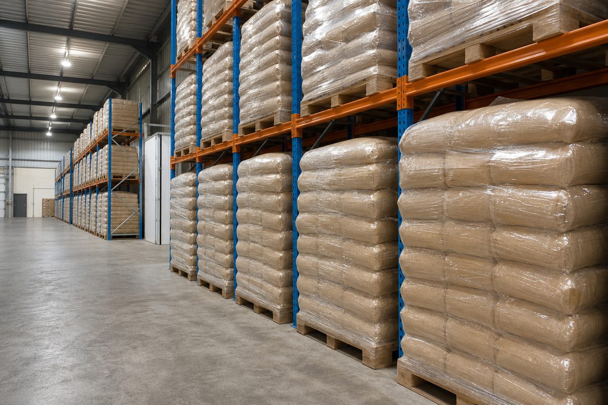 Stretch-wrapped pallets of India boswellia powder bags on dry export warehouse racks
