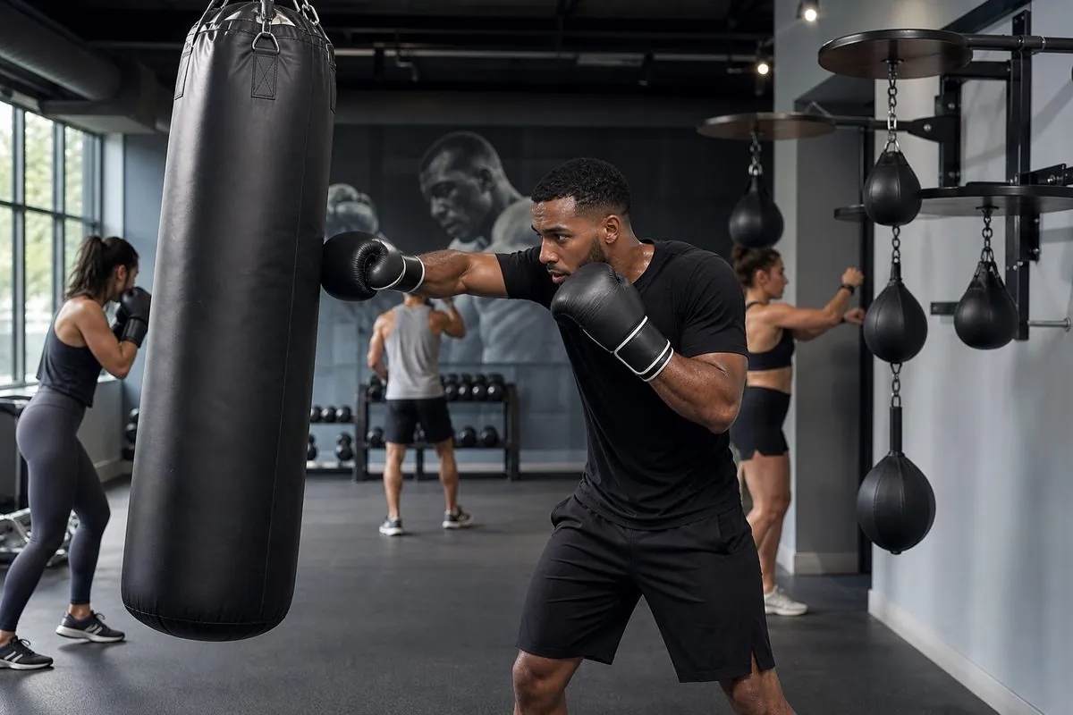 Boxers training with gloves on heavy bags and speed bags in a commercial gym showing end-use applications
