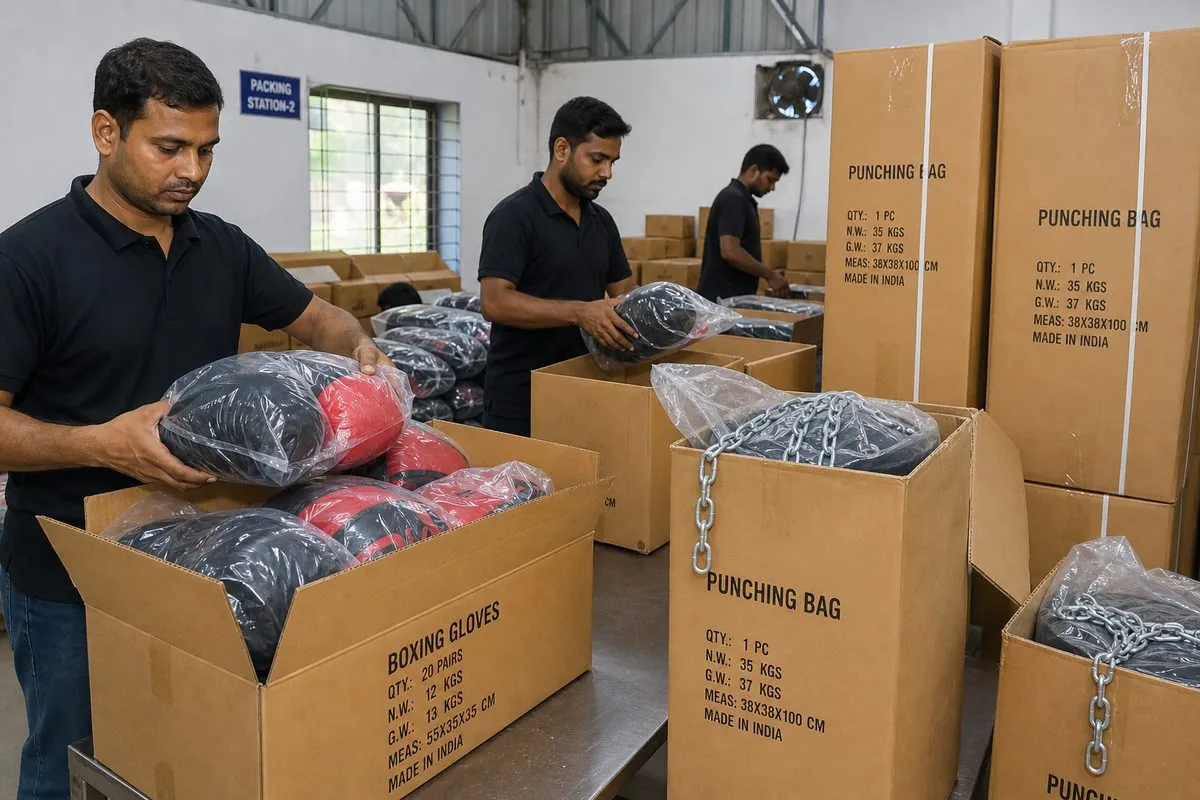 Workers packing boxing gloves into poly bags and heavy punching bags into reinforced master cartons for export