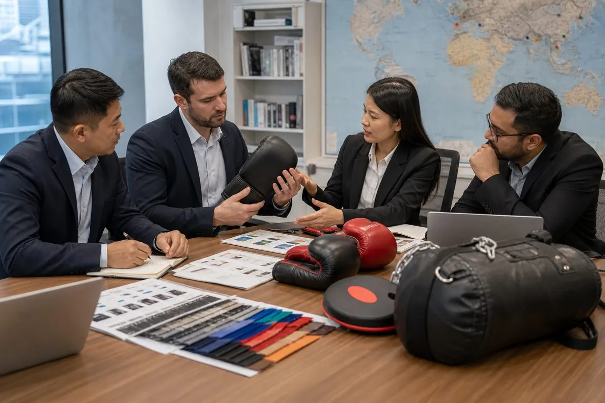 International buyers reviewing Indian boxing glove and punching bag samples and export specification sheets with a sourcing partner