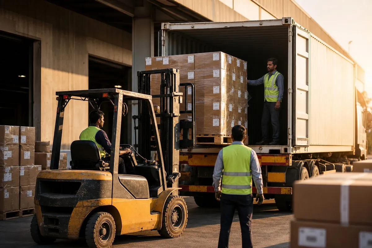 Workers loading palletized cartons of Indian boxing gloves and punching bags onto a truck at an export warehouse dock