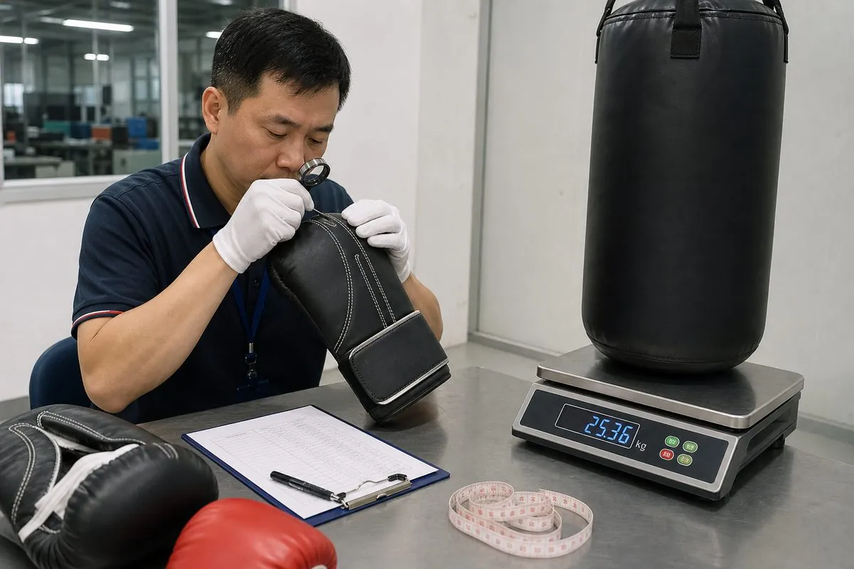 Quality inspector checking boxing glove stitch tension and punching bag fill density on export QC samples