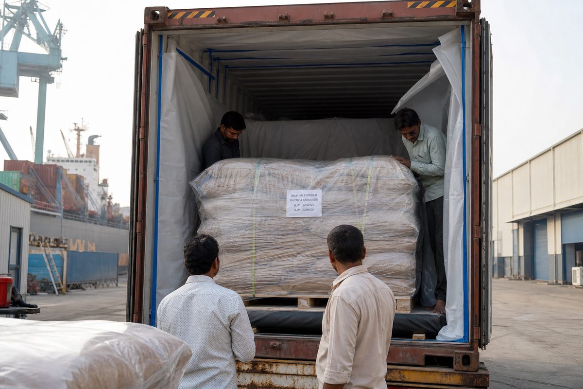 Moisture-protected stuffing of Indian brahmi powder pallets into a 20-foot export shipping container