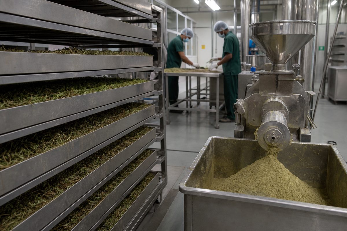 Brahmi Bacopa herb drying trays and milling line in a Tamil Nadu–Karnataka export processing plant