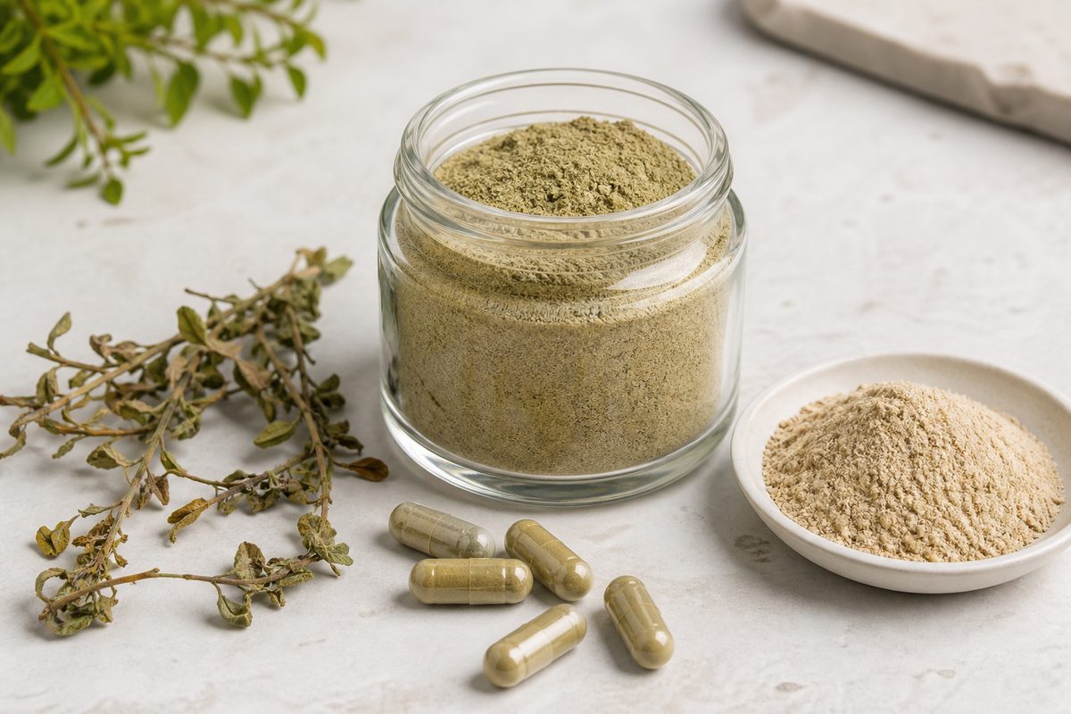 Brahmi powder jar, capsules, dried Bacopa herb, and extract powder for cognitive private-label applications